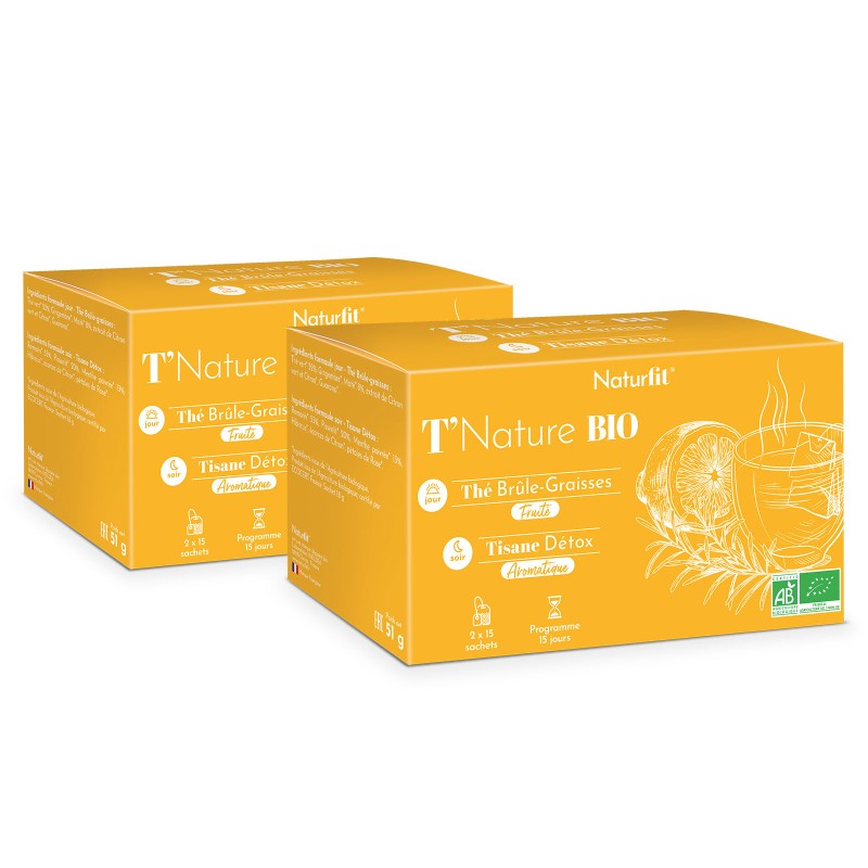 Thé brûle-graisses le jour 100 % BIO et tisane détox le soir 100 % BIO cure 30 jours